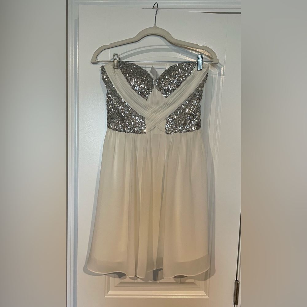 Formal silver and white sequin strapless dress new with tags size small